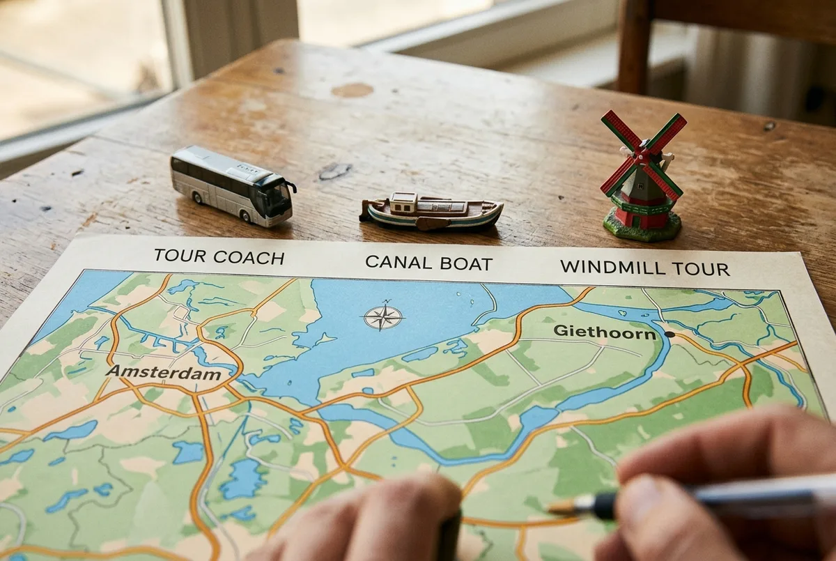 Three small tour icons, a coach, a canal boat and a windmill, arranged above a map between Amsterdam and Giethoorn, flat comparison style, generic labels only