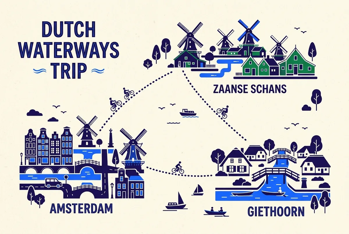 Eenvoudige routekaart-infographic die Amsterdam, Zaanse Schans en Giethoorn met elkaar verbindt, met reistijd-indicaties tussen de drie punten, platte infographic stijl, alleen algemene labels