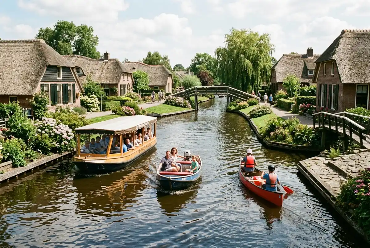 Vue large d'un canal de Giethoorn avec deux bateaux différents qui se croisent, un bateau de croisière couvert avec un batelier et un bateau électrique ouvert en autonomie, fermes aux toits de chaume sur les deux rives, lumière de milieu de journée