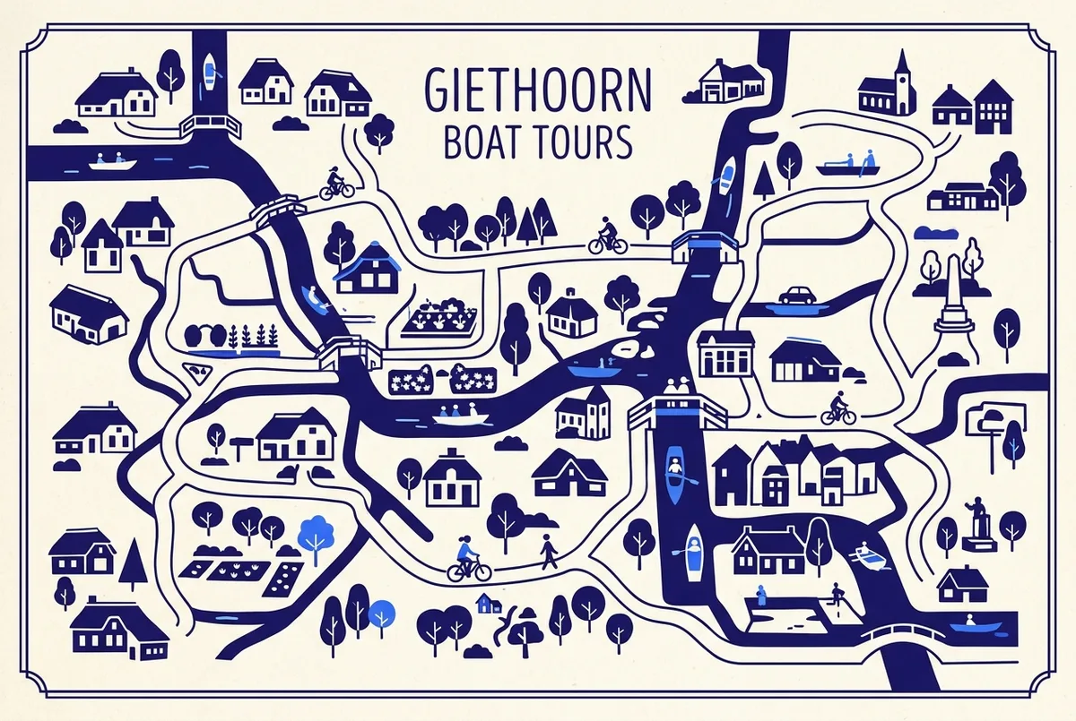 illustrated map of Giethoorn highlights for Prezzi del Noleggio Barca a Giethoorn, giethoorn noleggio barca prezzi