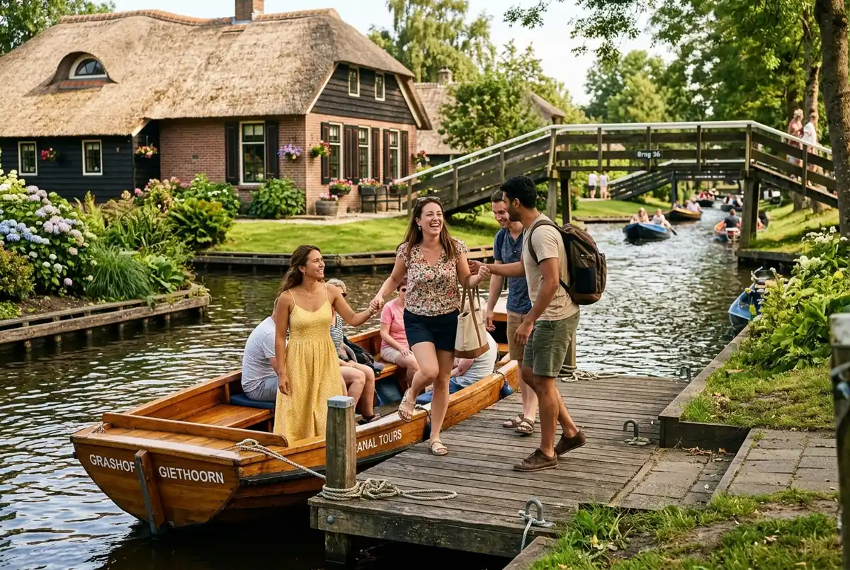 Zufriedener Reisender liest Bewertungen zu einer Giethoorn Bootstour auf einem Smartphone an einem Holztisch mit Blick auf die Gracht, warmes Nachmittagslicht, entspannte Stimmung