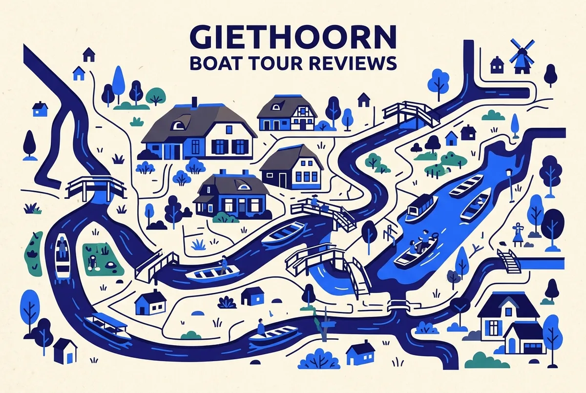 Einfache Infografik mit zwei Spalten, Daumen-hoch-Symbol für häufiges Lob bei Giethoorn Bootstouren links und Daumen-runter-Symbol für häufige Kritikpunkte rechts, flaches Design, nur allgemeine Beschriftungen