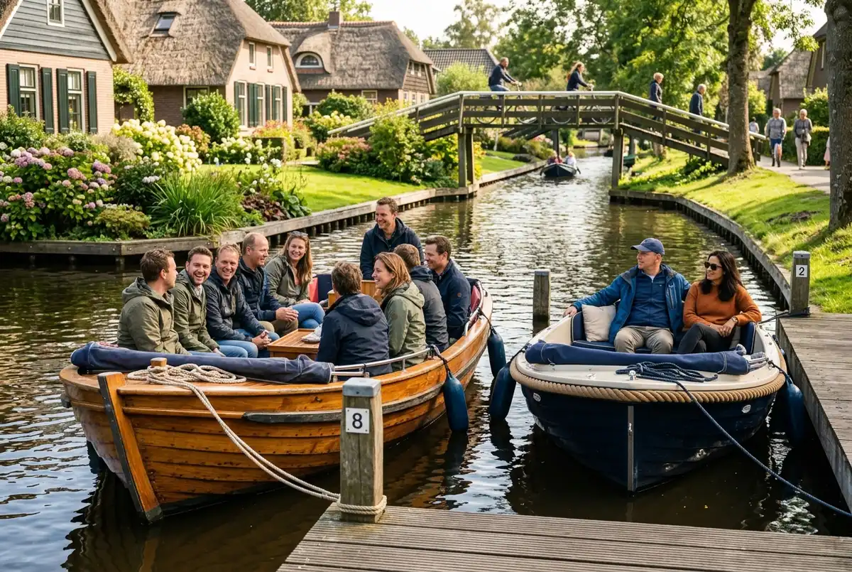 Kleine groep van twee mensen in een fluisterboot naast een grotere sloep met acht mensen, beide aangemeerd bij een Giethoorn steiger, tonend het verschil in groepsgrootte, zonnige middag