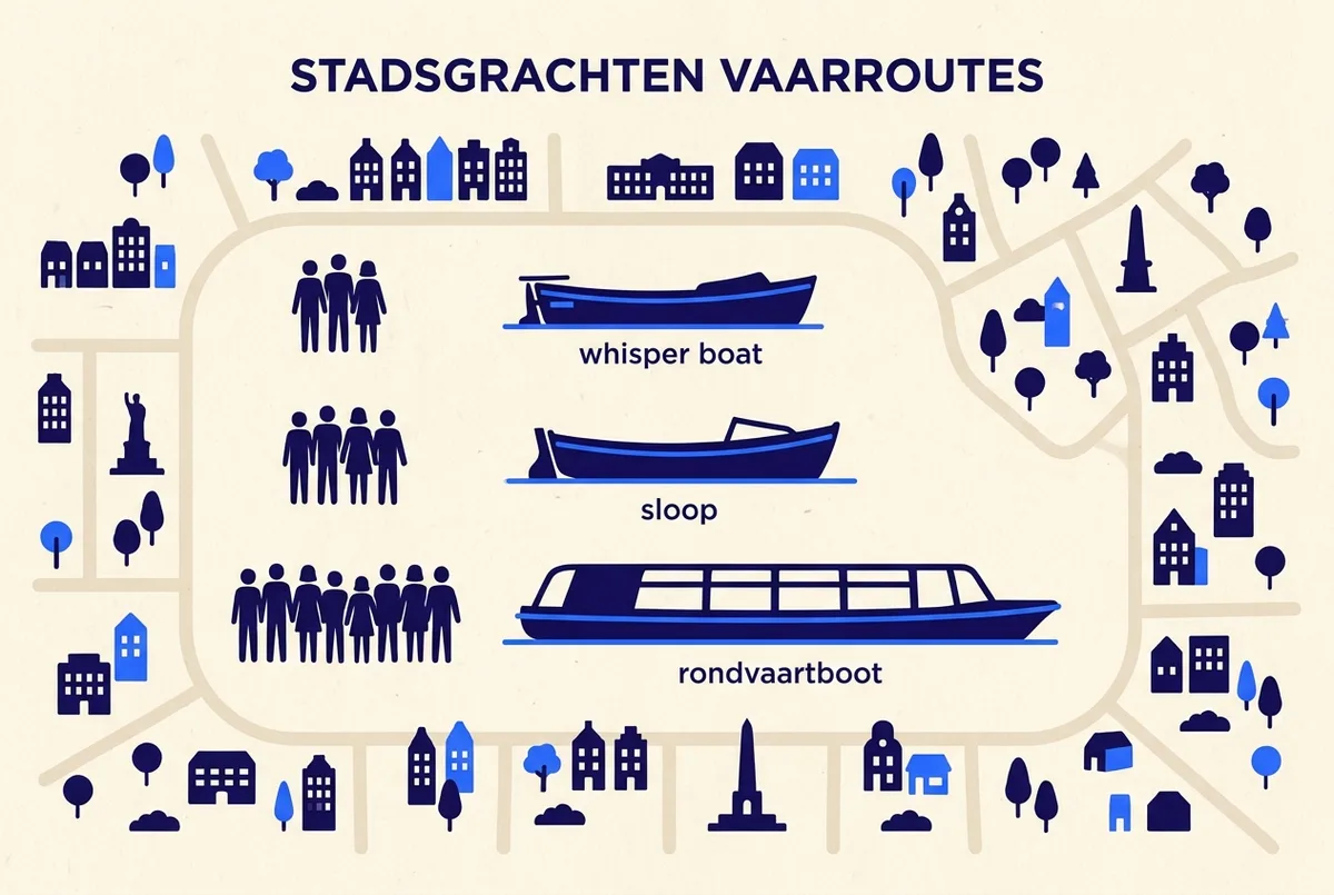 Capaciteit infographic met silhouetten van groepjes mensen van verschillende grootte naast een fluisterboot, een sloep en een rondvaartboot, platte infographic stijl, alleen algemene labels