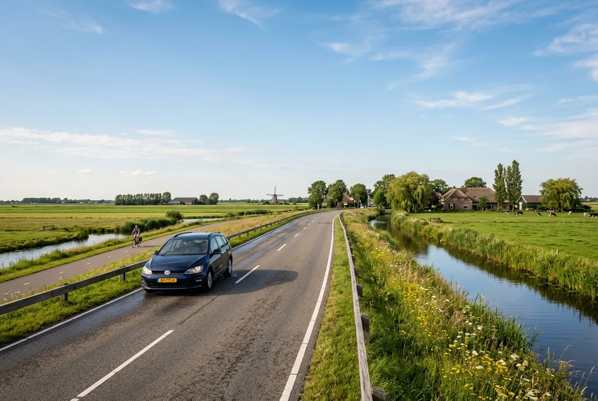 Car driving along a quiet Dutch countryside highway toward Giethoorn, flat farmland and canals visible on either side, clear daytime sky
