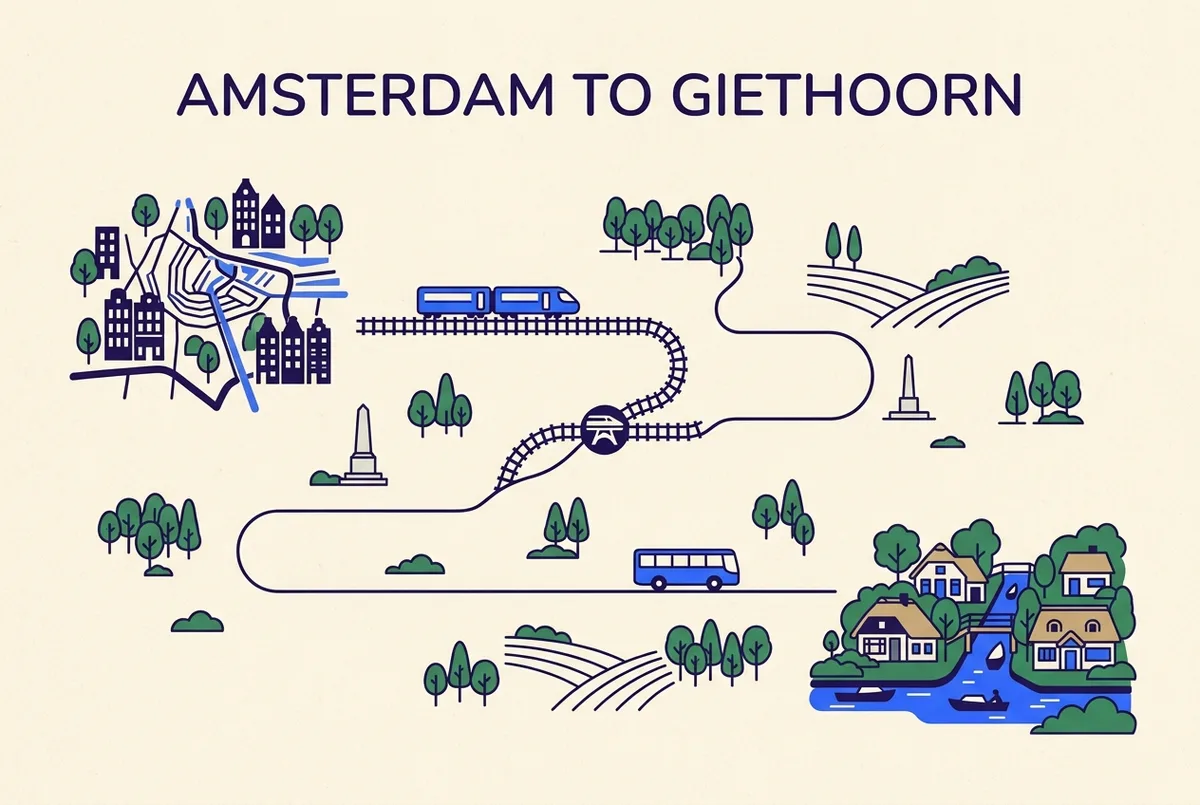 Simple infographic route map showing a train line from Amsterdam Centraal to a connecting station, with a bus icon continuing onward toward Giethoorn, flat style, generic labels only