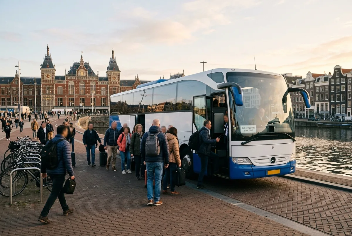Car de tourisme garé près de la gare centrale d'Amsterdam avec des voyageurs montant à bord pour une excursion vers Giethoorn, lumière du matin, maisons de canal visibles en arrière-plan