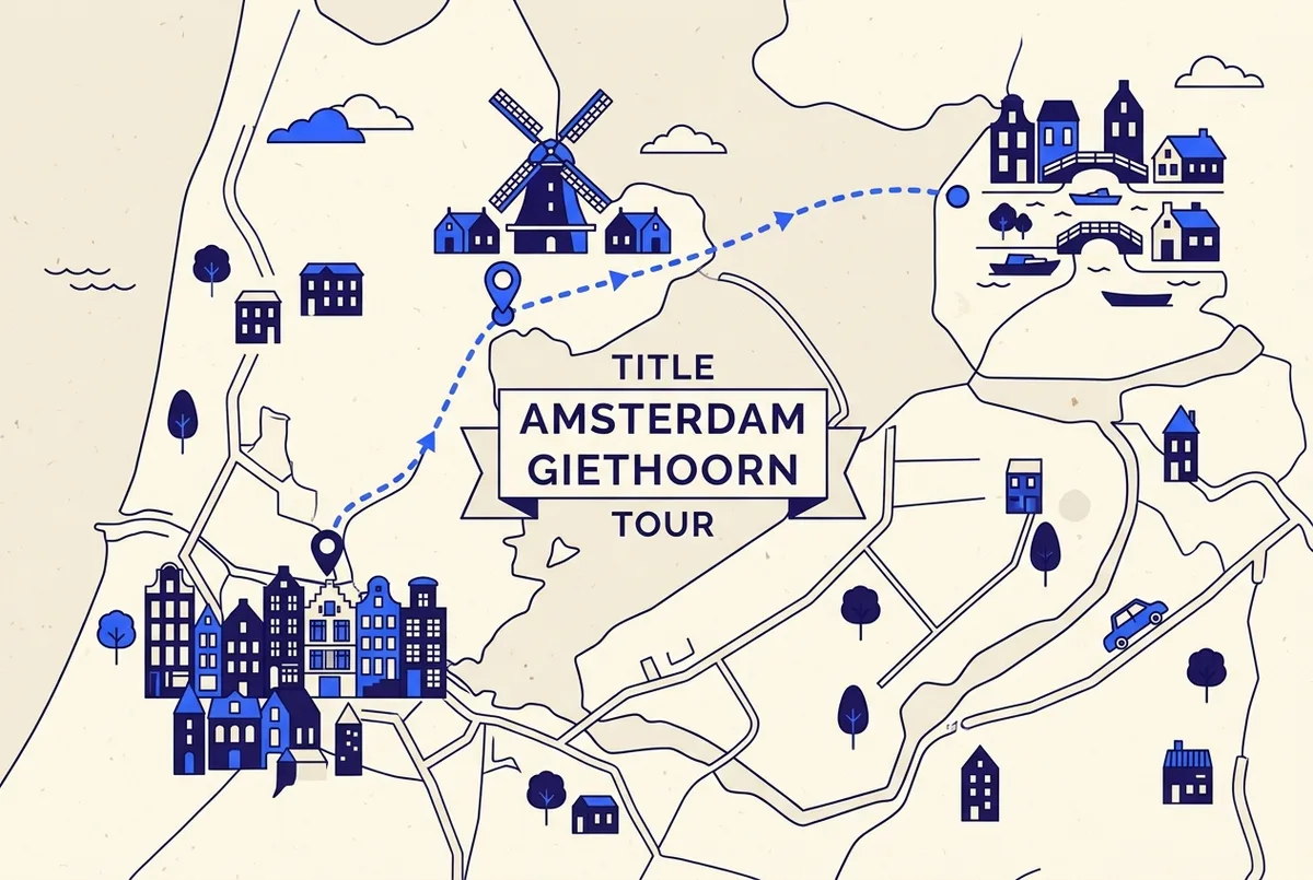 Simple itinerary map showing an Amsterdam departure point, a route to Giethoorn with an optional Zaanse Schans stop marked along the way, flat infographic style, generic labels only