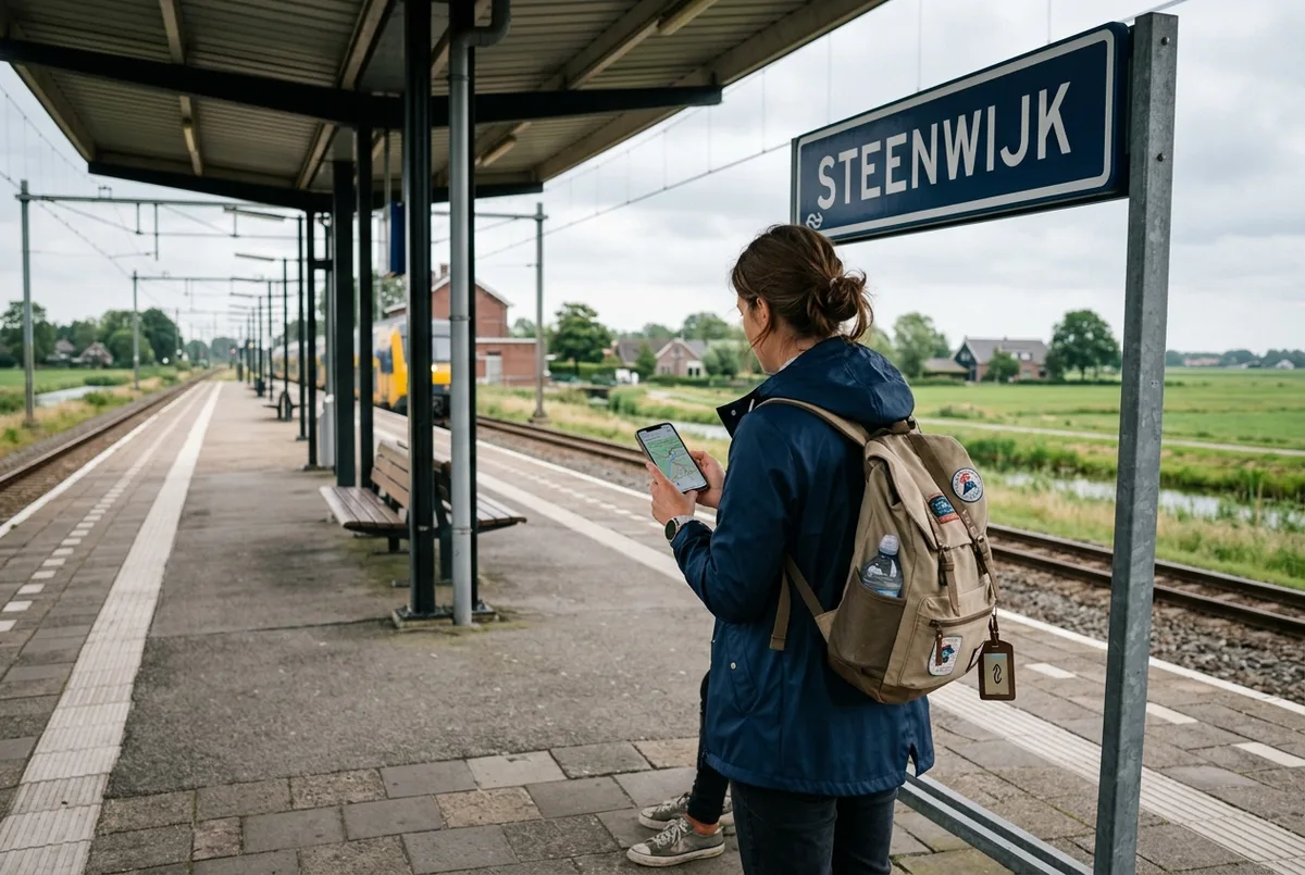 Reisender mit Rucksack und Fahrplan in der Hand an einer kleinen niederländischen Bushaltestelle am Dorfrand von Giethoorn, bedeckter Vormittagshimmel, ein Fahrrad lehnt am Haltestellenschild