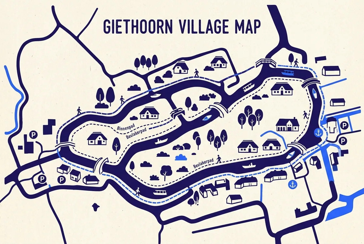 Simple illustrated map of Giethoorn showing the Binnenpad and Beulakerpad canal-side footpaths, a parking icon at the village edge car parks, and a boat dock icon, flat infographic style, generic labels only