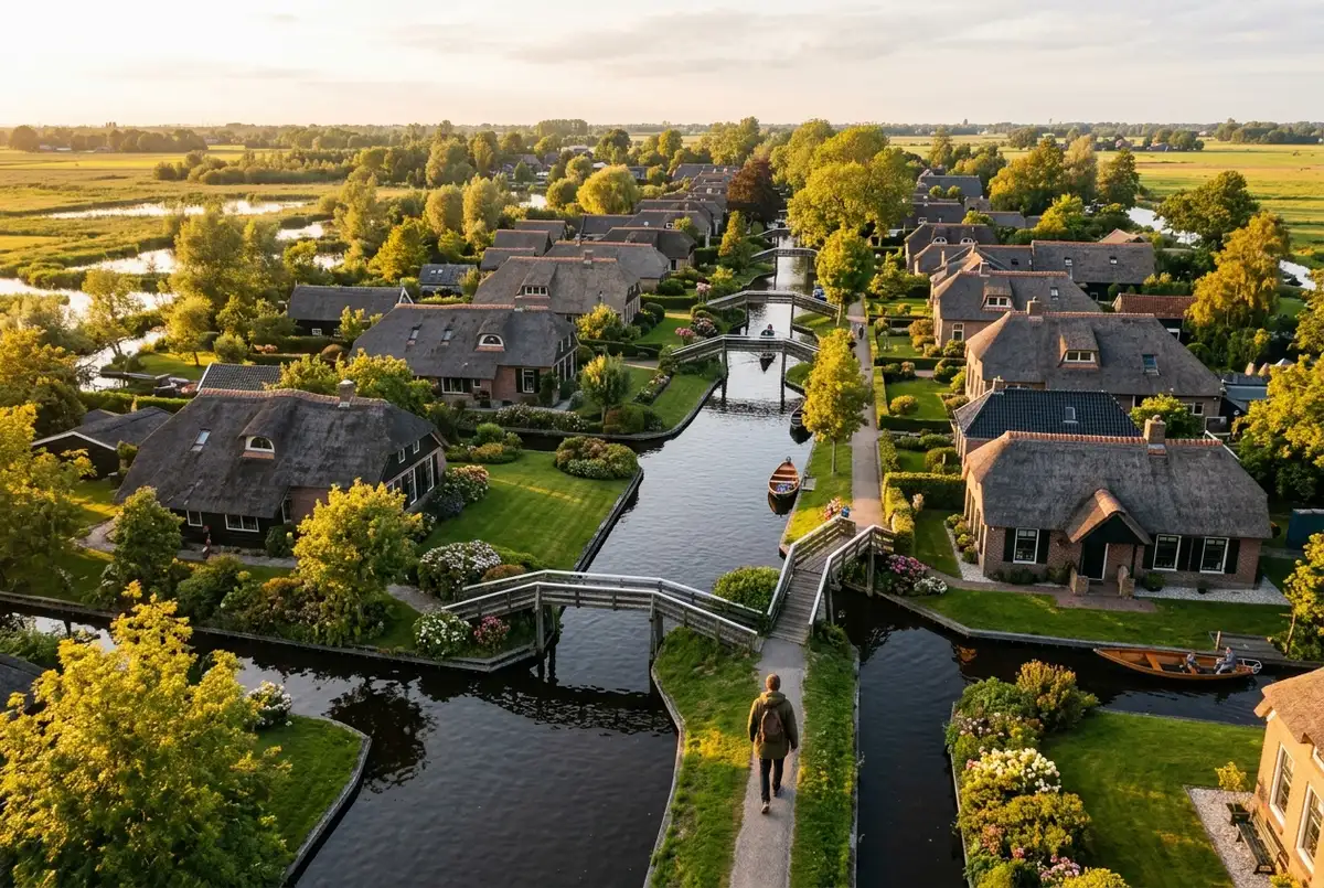 Altın saatte Giethoorn köyünün kuş bakışı görüntüsü, sazdan çatılı çiftlik evleri dar kanallar boyunca sıralanmış, küçük ahşap köprüler, yol görünmüyor, ön planda kanal kenarında yürüyen bir gezgin
