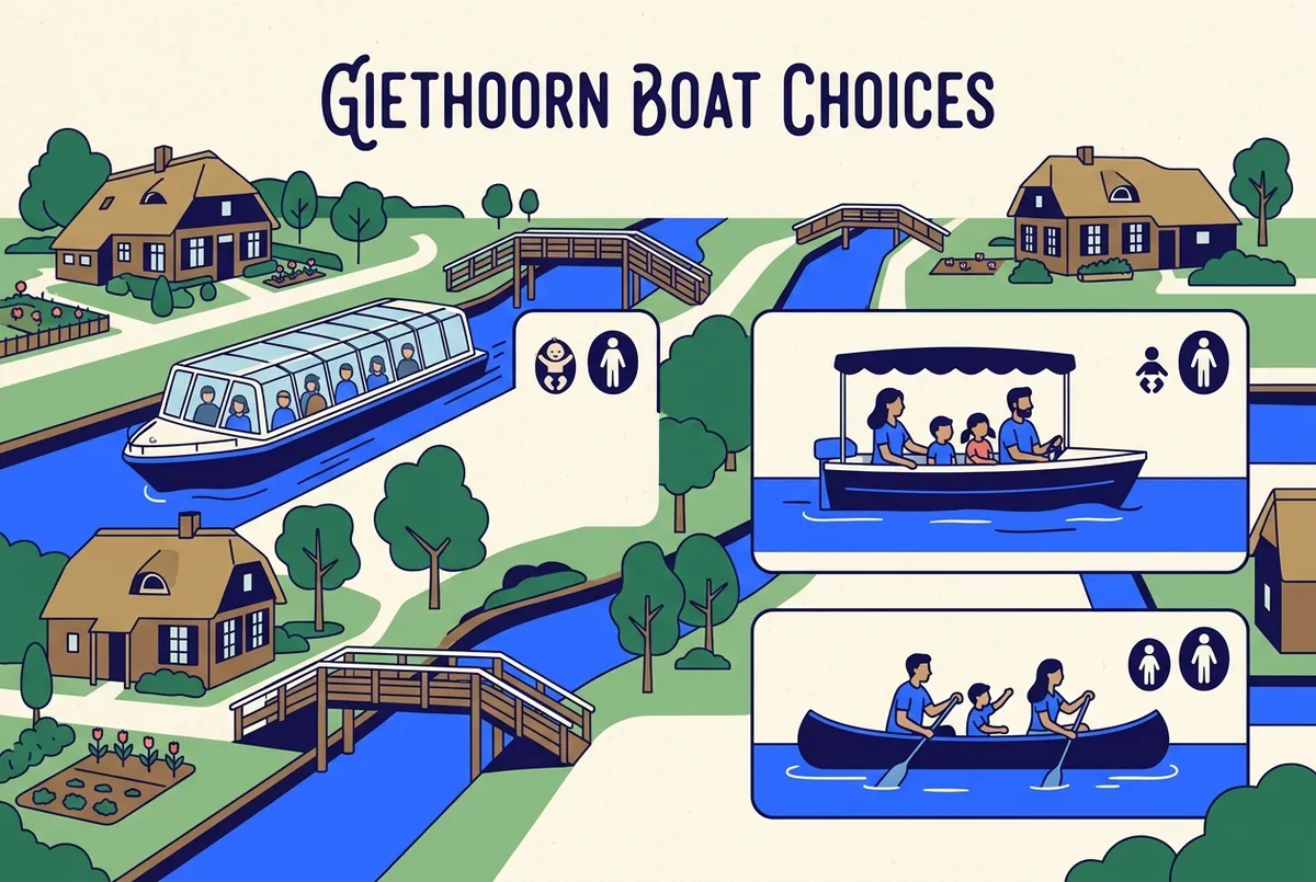 Simple infographic comparing three Giethoorn boat formats for families: guided cruise, self-drive boat and canoe rental, with age-suitability icons next to each, flat infographic style, generic labels only