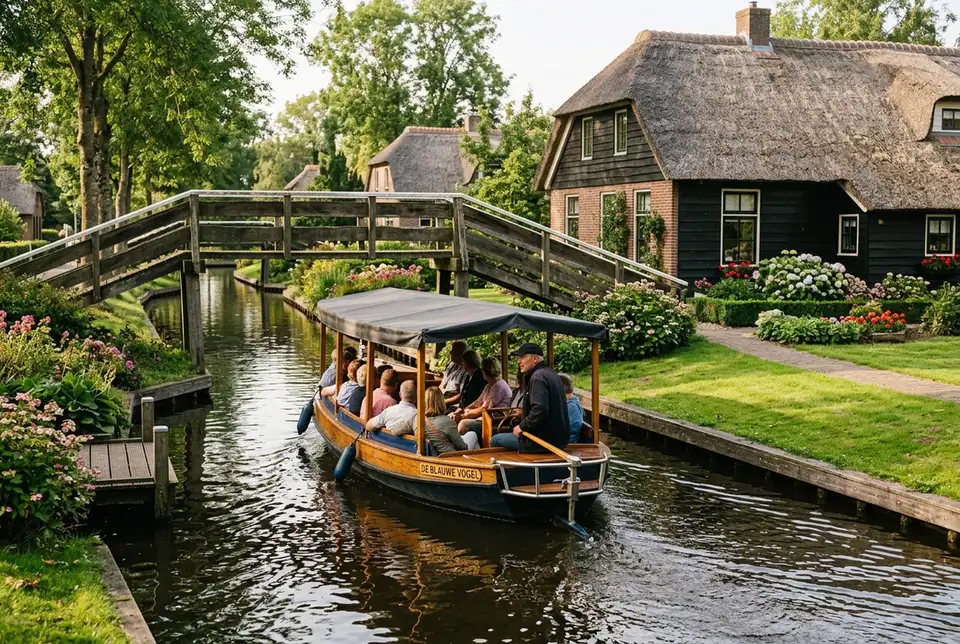 Overdekte rondvaartboot met een lokale schipper die passagiers langs rieten boerderijen en onder een houten boogbrug door een Giethoorn gracht vaart, zacht middaglicht