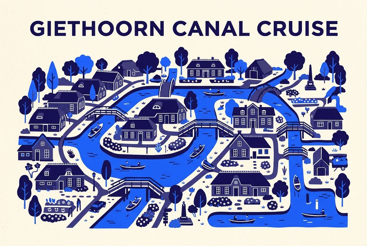Kaart infographic van de Giethoorn rondvaartroute die van de dorpsgrachten doorloopt naar het open water van Nationaal Park Weerribben-Wieden, platte infographic stijl, alleen algemene labels