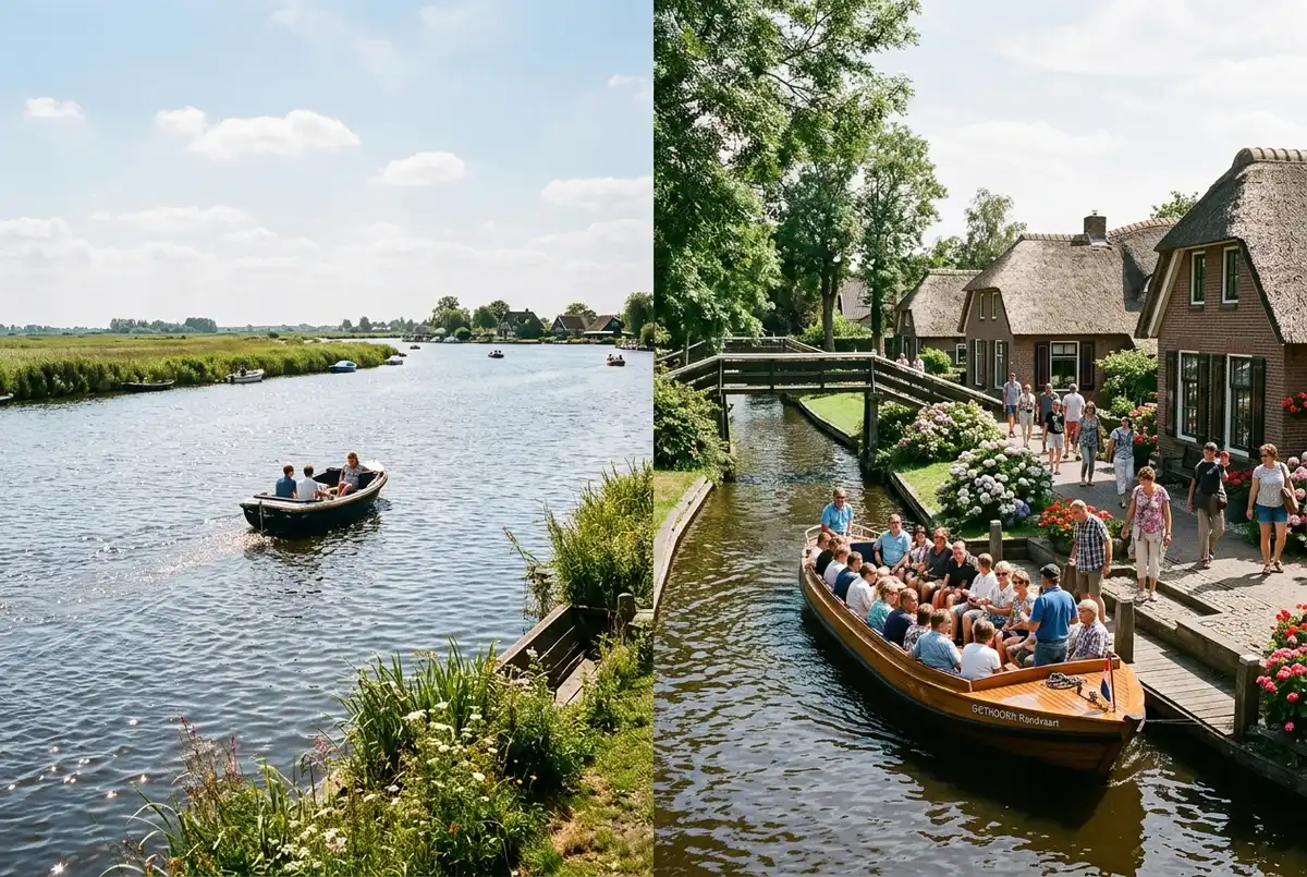 Rondvaartboot die van de dorpsgrachten van Giethoorn het open water van het nationaal park op vaart, suggererend een langere tocht van twee uur, zacht middaglicht, rieten boerderijen op de achtergrond