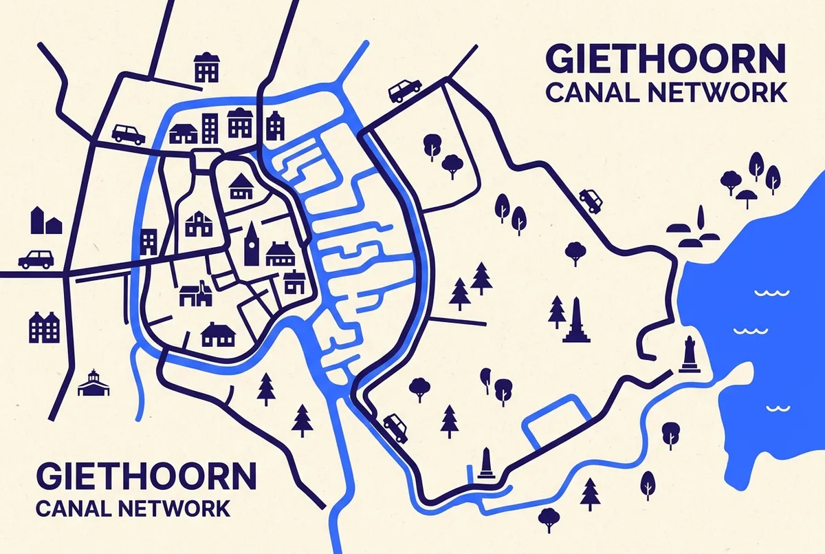 Tijdlijn infographic met vier Giethoorn boottochten op volgorde van kortste naar langste duur, klok pictogrammen naast elk boottype, platte infographic stijl, alleen algemene labels