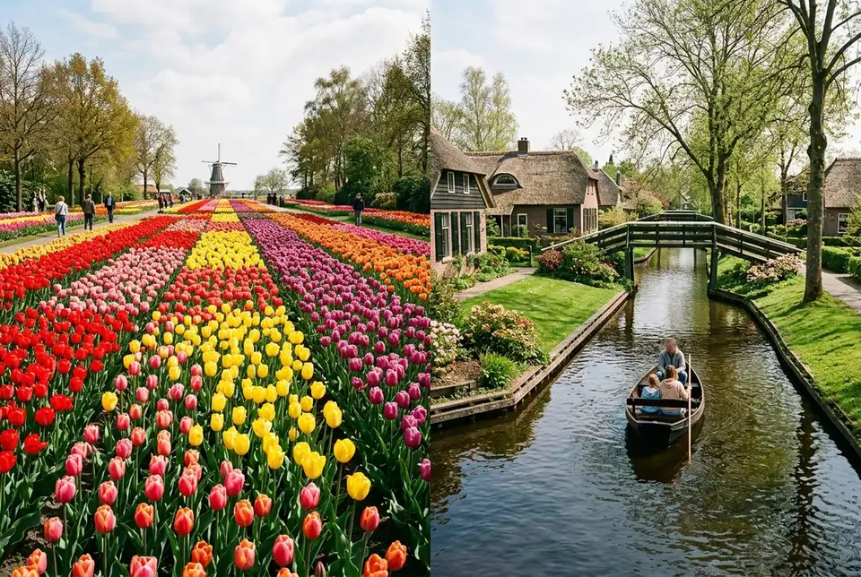 Split scene of colorful Dutch tulip fields at Keukenhof on one side and a quiet Giethoorn canal with a wooden bridge on the other, bright spring daylight