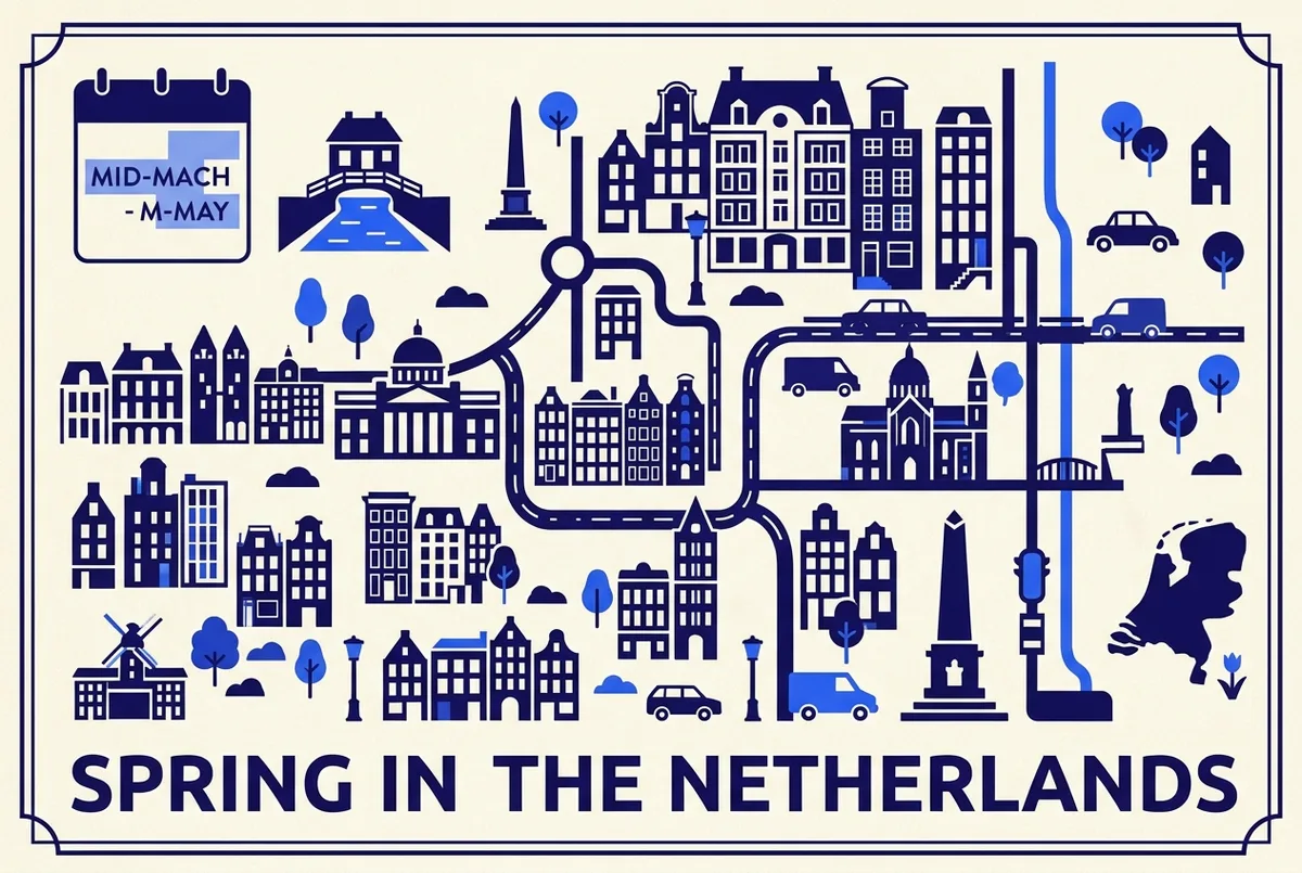 Simple seasonal calendar graphic marking mid March to mid May as Keukenhof's bloom window, with a small Giethoorn canal icon alongside, flat infographic style, generic labels only