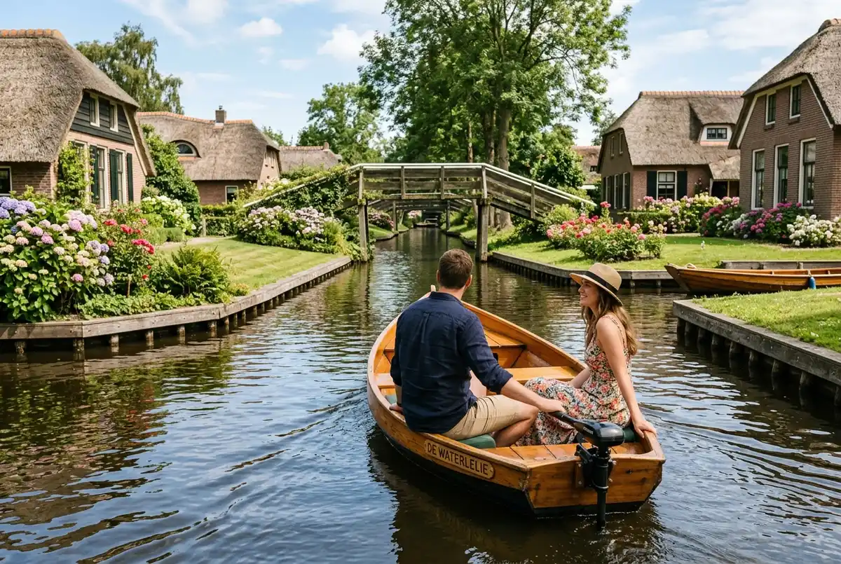 Petit bateau électrique ouvert avec un couple qui pilote lui-même dans un canal étroit de Giethoorn, pont en bois en arc devant, lumière vive de milieu de journée, aucun guide à bord