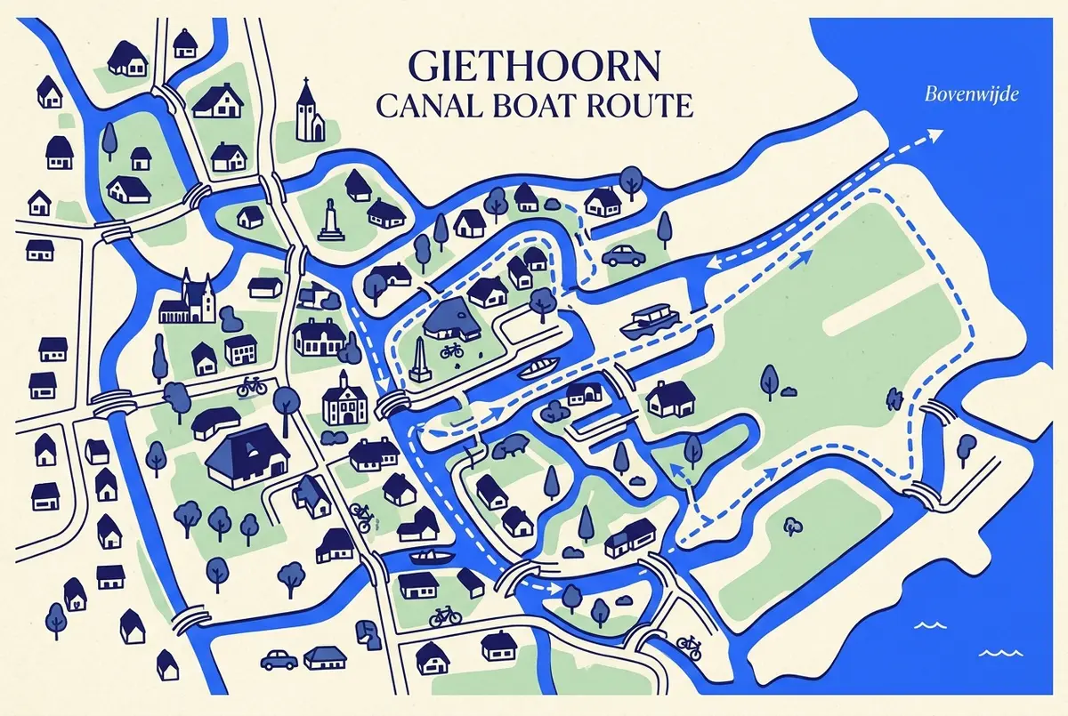 Vue aérienne illustrée du réseau de canaux de Giethoorn montrant un itinéraire suggéré pour un bateau électrique sans permis entre le centre du village et le lac ouvert, style infographique plat, uniquement des étiquettes génériques