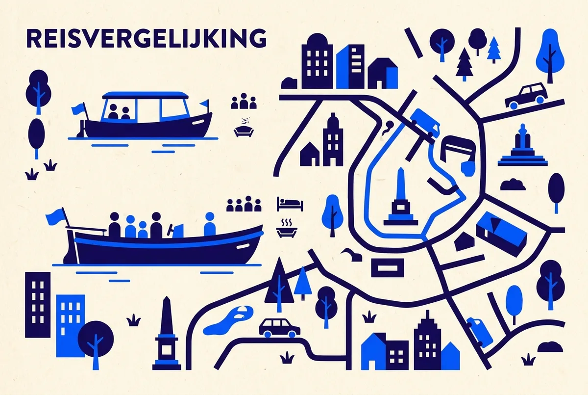 Vergelijkingsinfographic die een kleine fluisterboot naast een grotere sloep toont, met pictogrammen voor capaciteit en comfortniveau, platte infographic stijl, alleen algemene labels