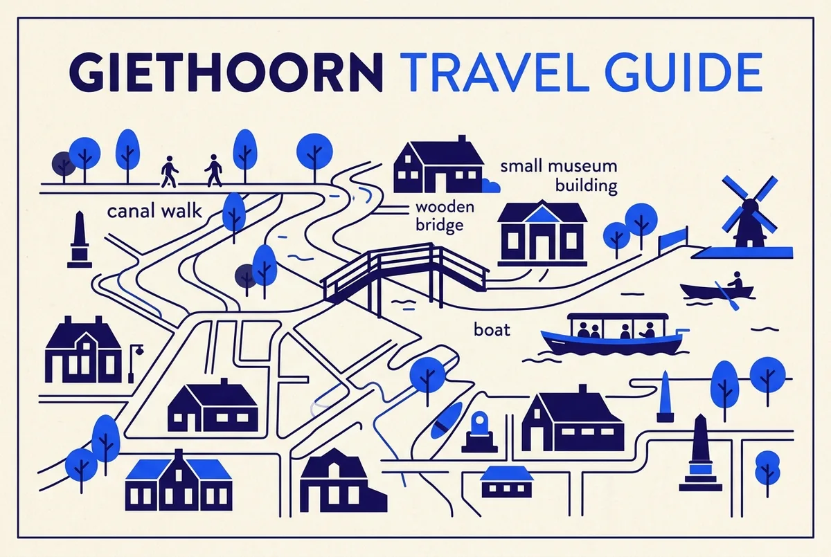 Flat infographic showing simple icons for Giethoorn activities, a canal walk, a wooden bridge, a small museum building and a boat, generic icon style with no text beyond generic labels