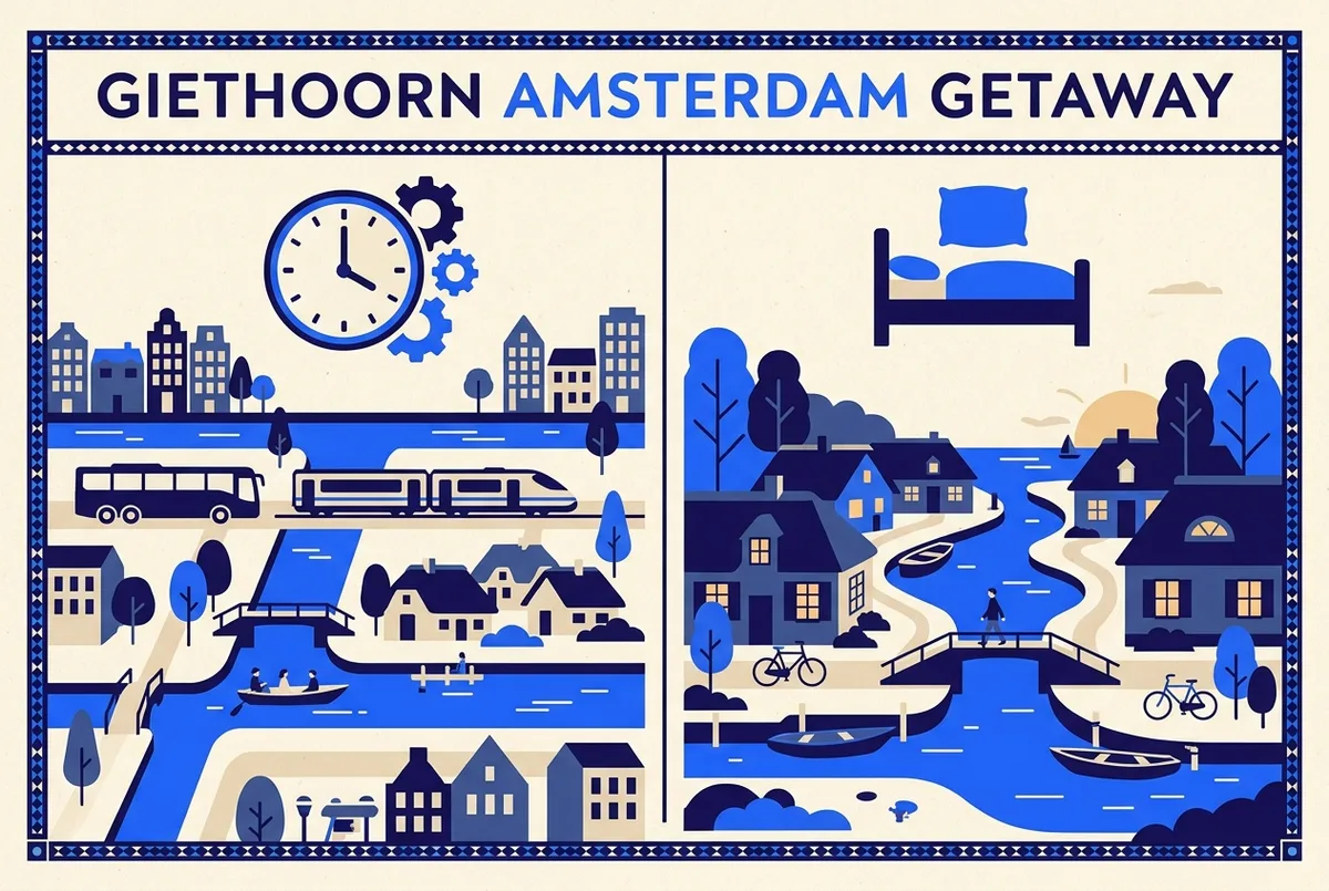 Simple infographic comparing a Giethoorn day trip from Amsterdam against an overnight stay, a clock icon and a bed icon side by side, flat style, generic labels only