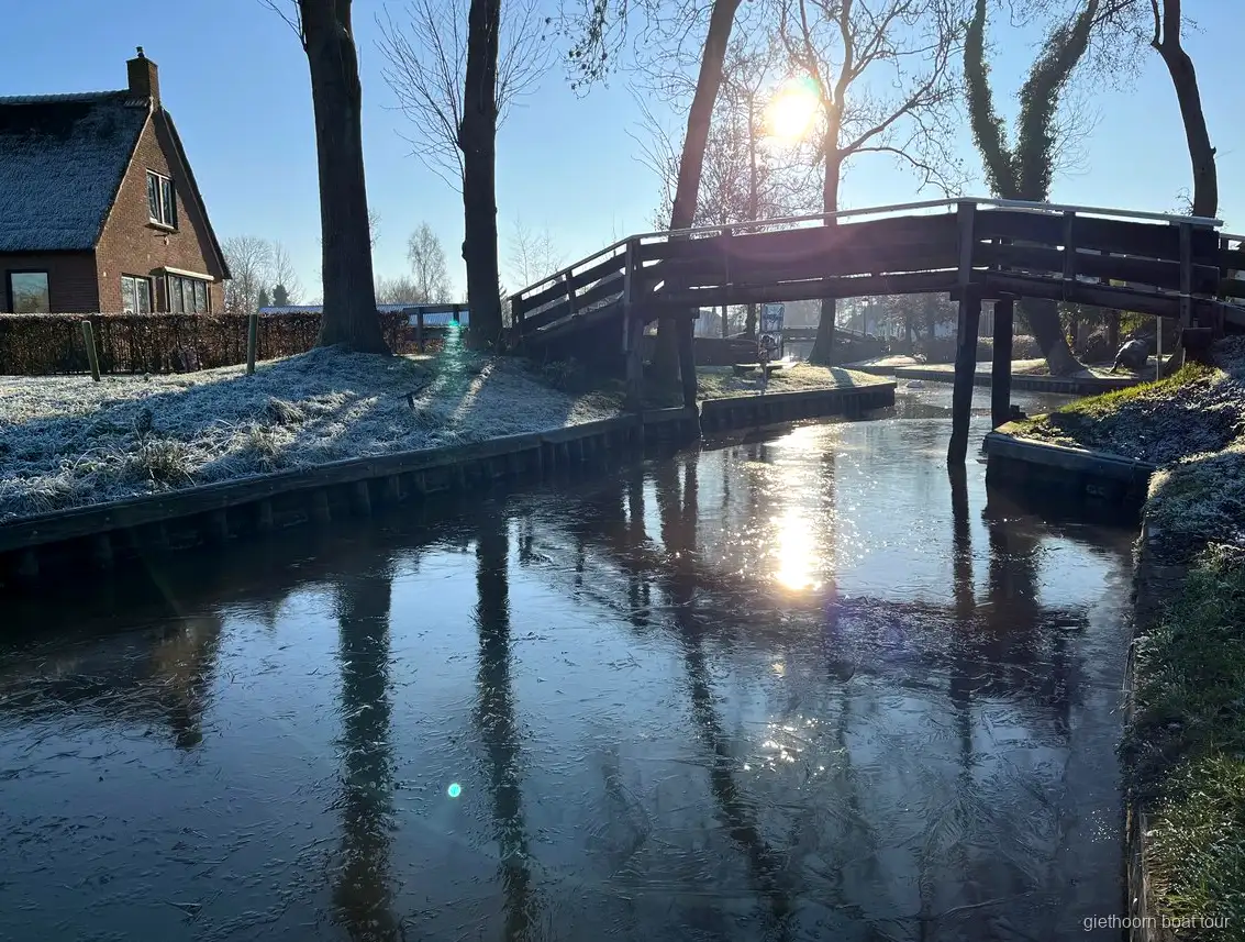 Giethoorn'da köprülerle birbirine bağlı küçük adacıklardaki sazdan çatılı evler
